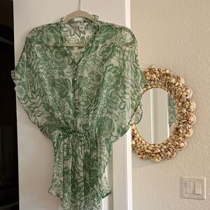 M Zara Woman Green Floral 100%Silk Sheer Top